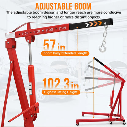 GARVEE 2 Ton Folding Hydraulic Engine Hoist with Lever,Folding Engine Shop Crane Hoist Lift,Heavy Cherry Picker with 6 Wheels for Garage,Workshop,Yellow