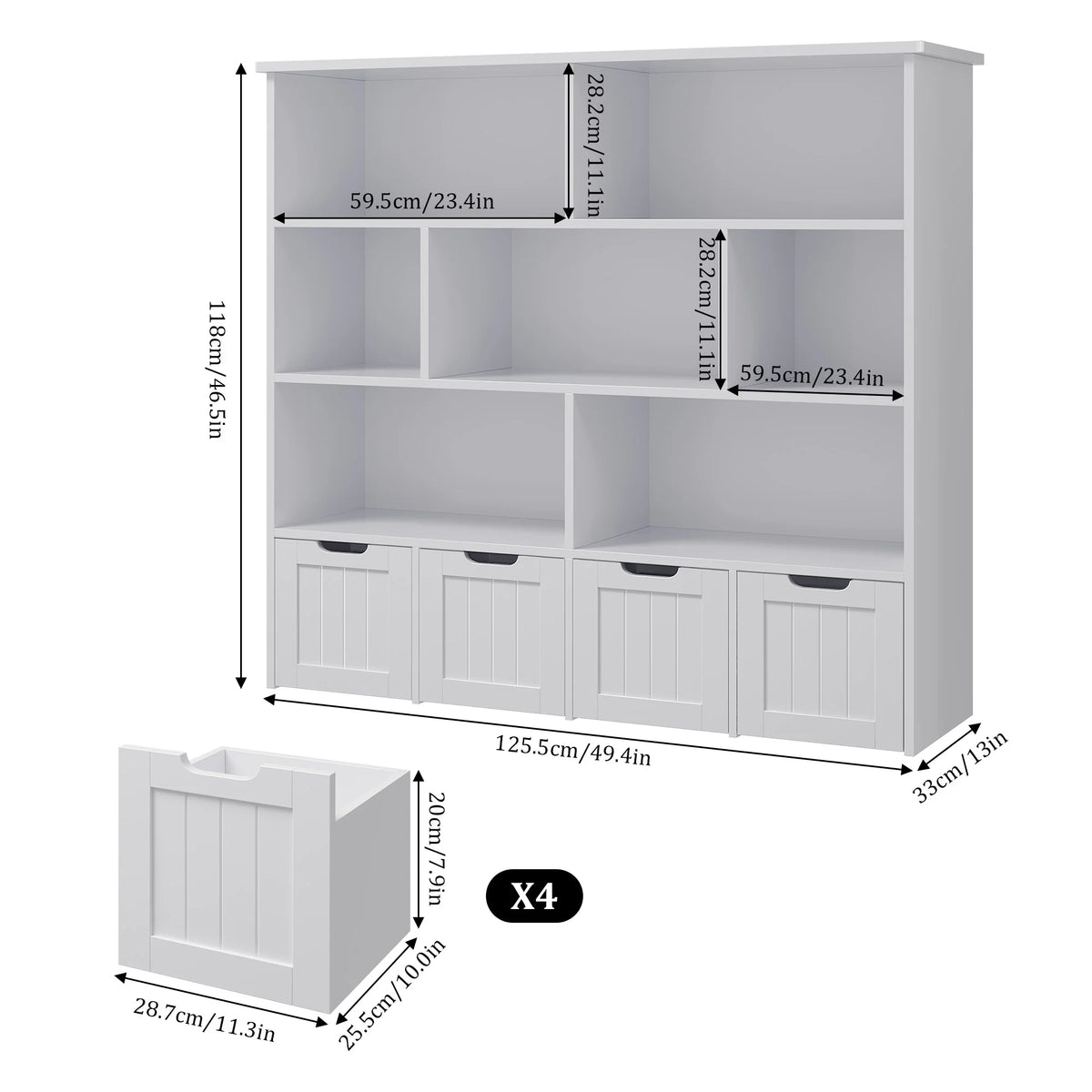 Homfa 7 Cube Toy Storage Organizer, Kids Geometric Bookcase and Bookshelf with 4 Drawers, White