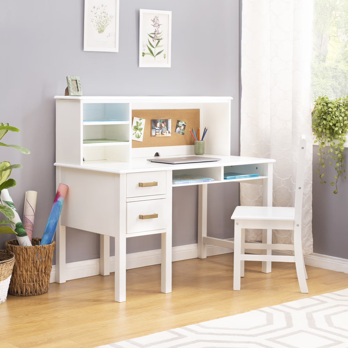 Guidecraft Taiga Kids Desk and Chair Set with Hutch - Navy: Kids Wooden Computer Desk with Storage Drawers and Shelves | Kids Study Table for Bedroom