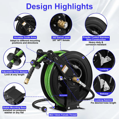 Auto-Retractable Pressure Washer Hose Reel, 50FT x 3/8" Heavy Duty Steel Power Washer Hose Reel Dual Arm, 4000 PSI