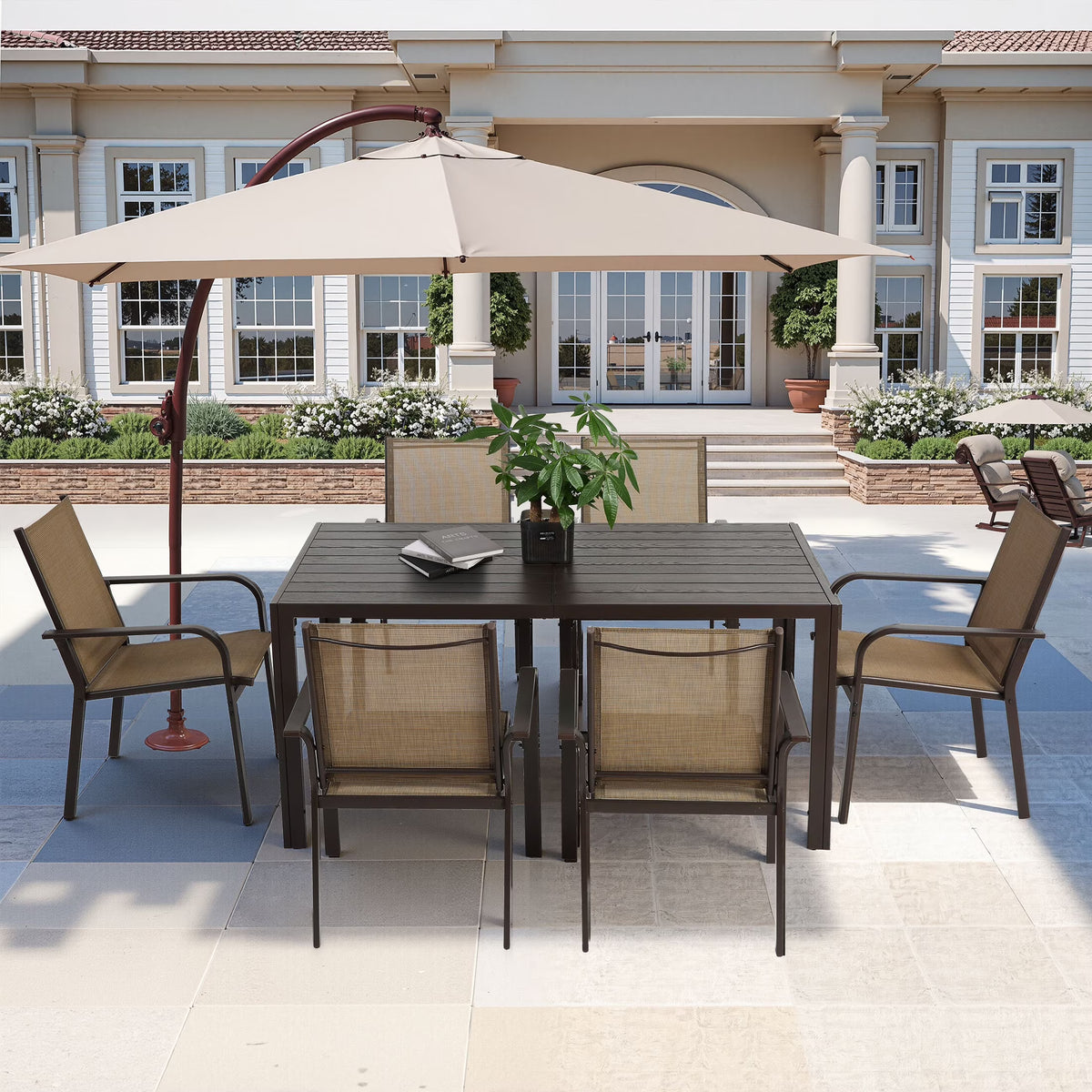 7 Piece Outdoor Dining Set, Patio Dining Table Set for 6 Persons, Garden Patio Textilene Dining Furniture Set with Plastic-Wood Tabletop, Dining Table Chairs Conversation Set for Deck Patio
