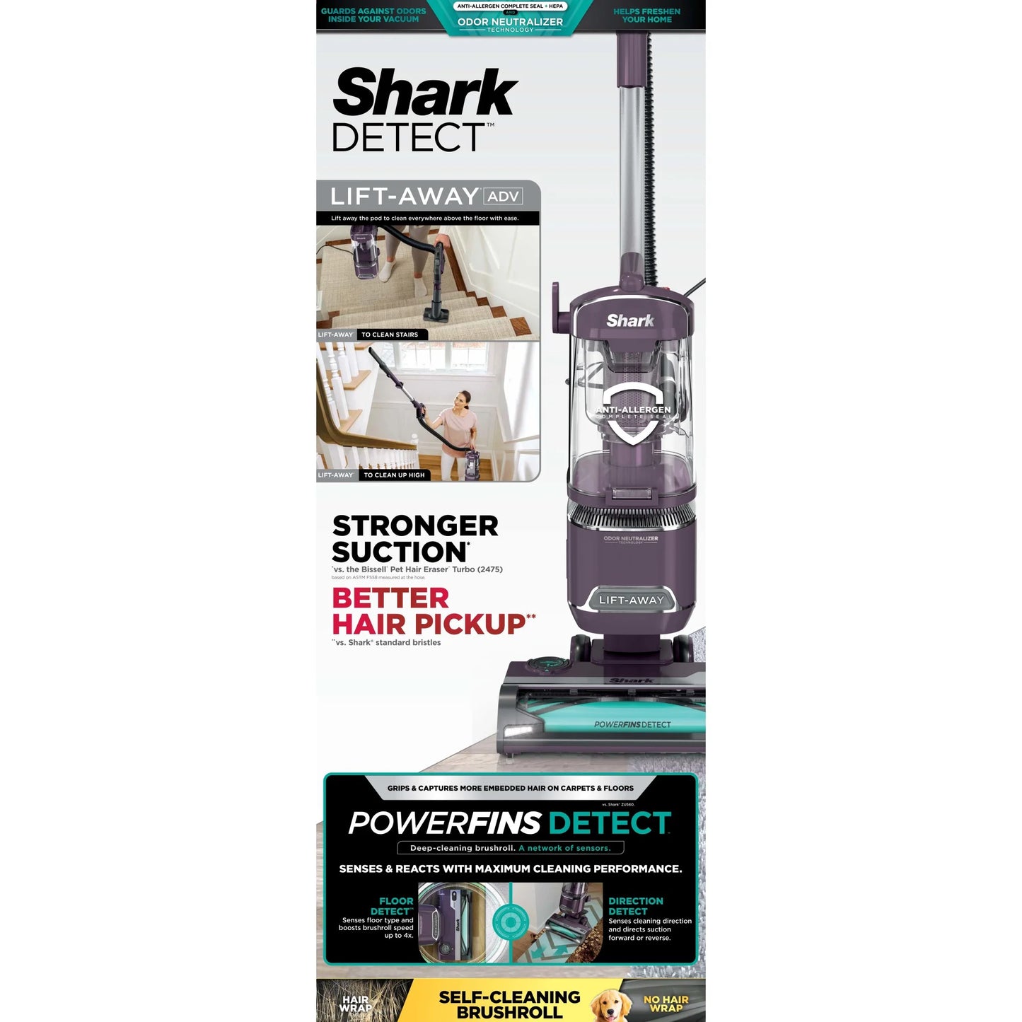 Shark Detect�?Lift-Away® ADV Corded Upright Vacuum with PowerFins Detect�? Self-Cleaning Brushroll, and Odor Neutralizer Technology, LA490