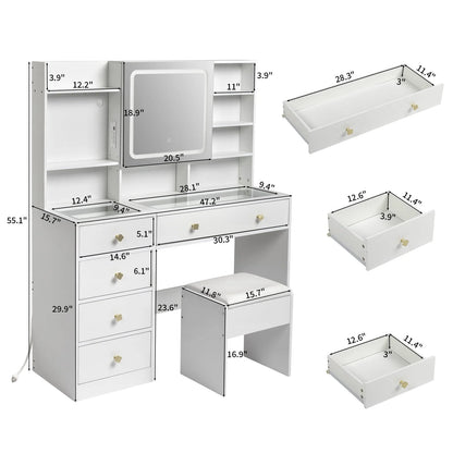 Ktaxon Makeup Vanity with 3 Color Lights, Vanity Desk with USB Charging Station, Vanity Makeup Table with Visible Drawers, Hidden and Open Storage Shelves, White