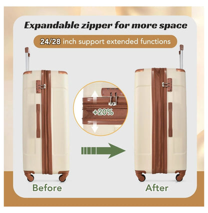 28 Inch Checked-Large Luggage with Wheels Aluminum Alloy Corner Hard Shell Suitcase TSA Luggage Suitcases for Travel Woman Men(White Brown) White Brown 28IN