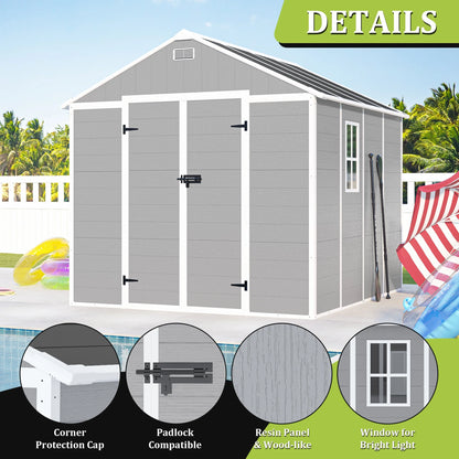 Outdoor Shed & Storage, Seizeen All-Weather Plastic Sheds 82'' H, Sloped Top Garden Shed with Window, Heavy-Duty Resin Outdoor Storage W/Floor, Gray