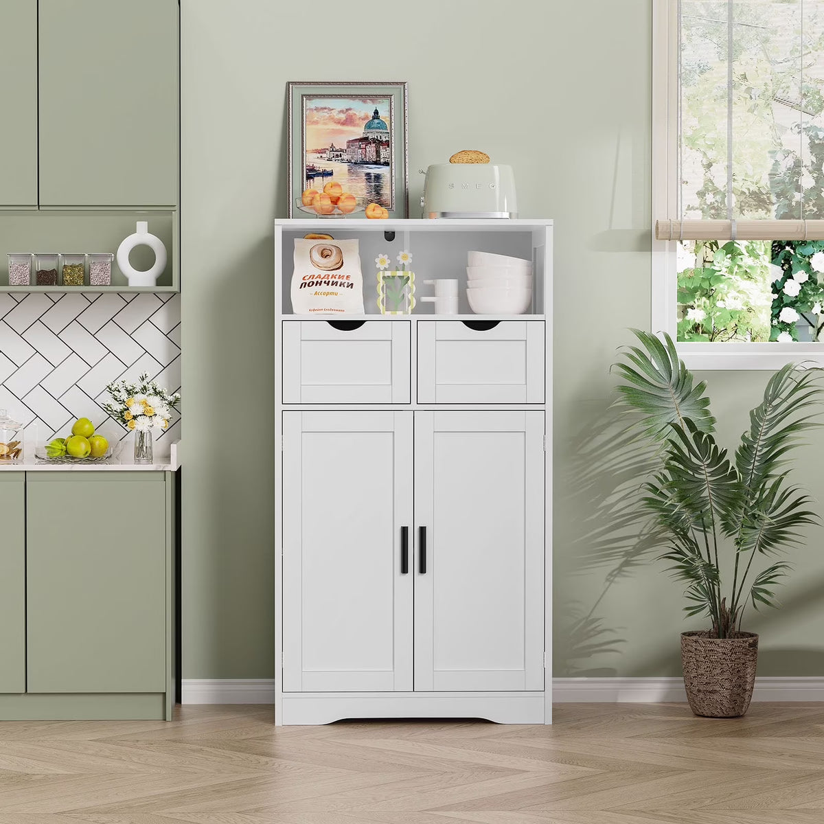 FANGSUM Rattan Storage Cabinet with 2 Drawers & 2 Shelves, Floor Cabinet for Living Room