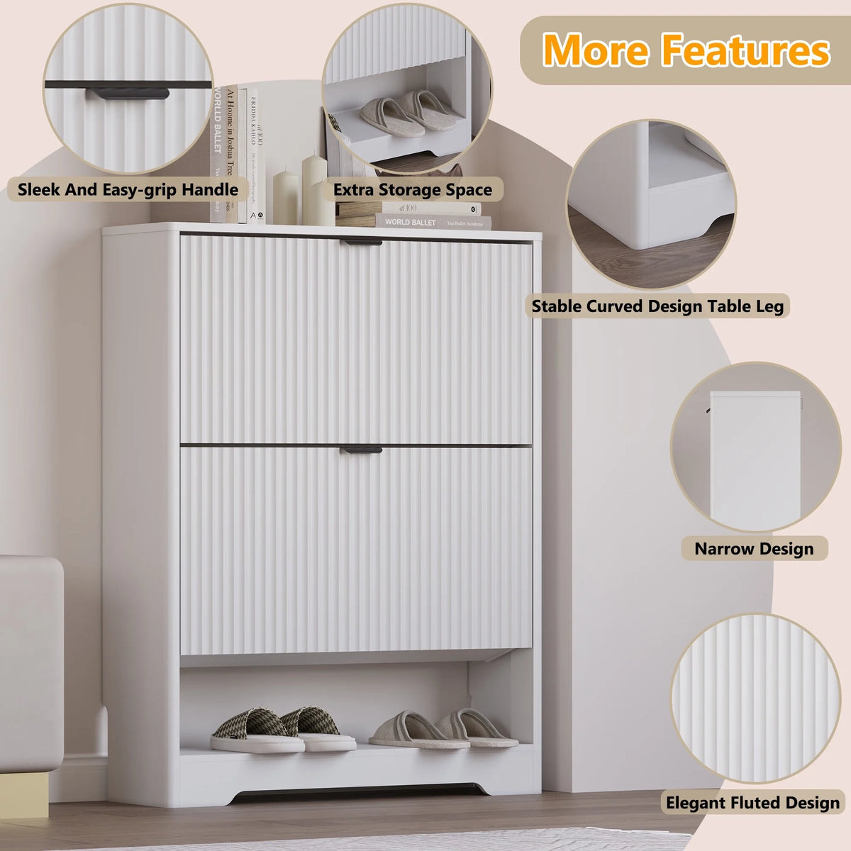 FANRAL Shoe Cabinet with 2 Flip Drawers & Open Storage,Fluted Shoe Storage Cabinet Rack Organizer with Adjustable Shelves for Entryway,Closet,Hallway,White