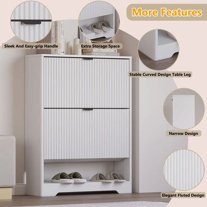 FANRAL Shoe Cabinet with 2 Flip Drawers & Open Storage,Fluted Shoe Storage Cabinet Rack Organizer with Adjustable Shelves for Entryway,Closet,Hallway,White