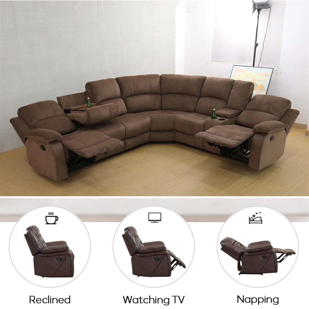 Aukfa 3-Piece Recliner Sofa Set, 6 Seat Sectional Couch with Cup Holders&Storage Console, Gray