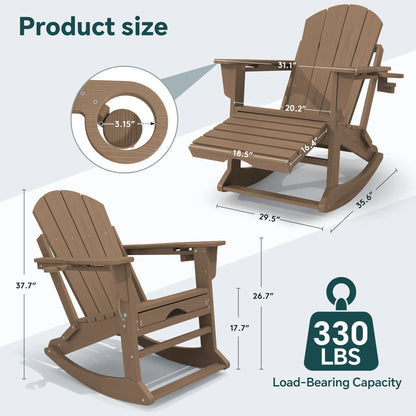 KINGYES Folding Adirondack Rocker Chair Set of 2 W/ Footrest & Dual Cup Holders, HDPE Outdoor Patio Rocking Chair, Black