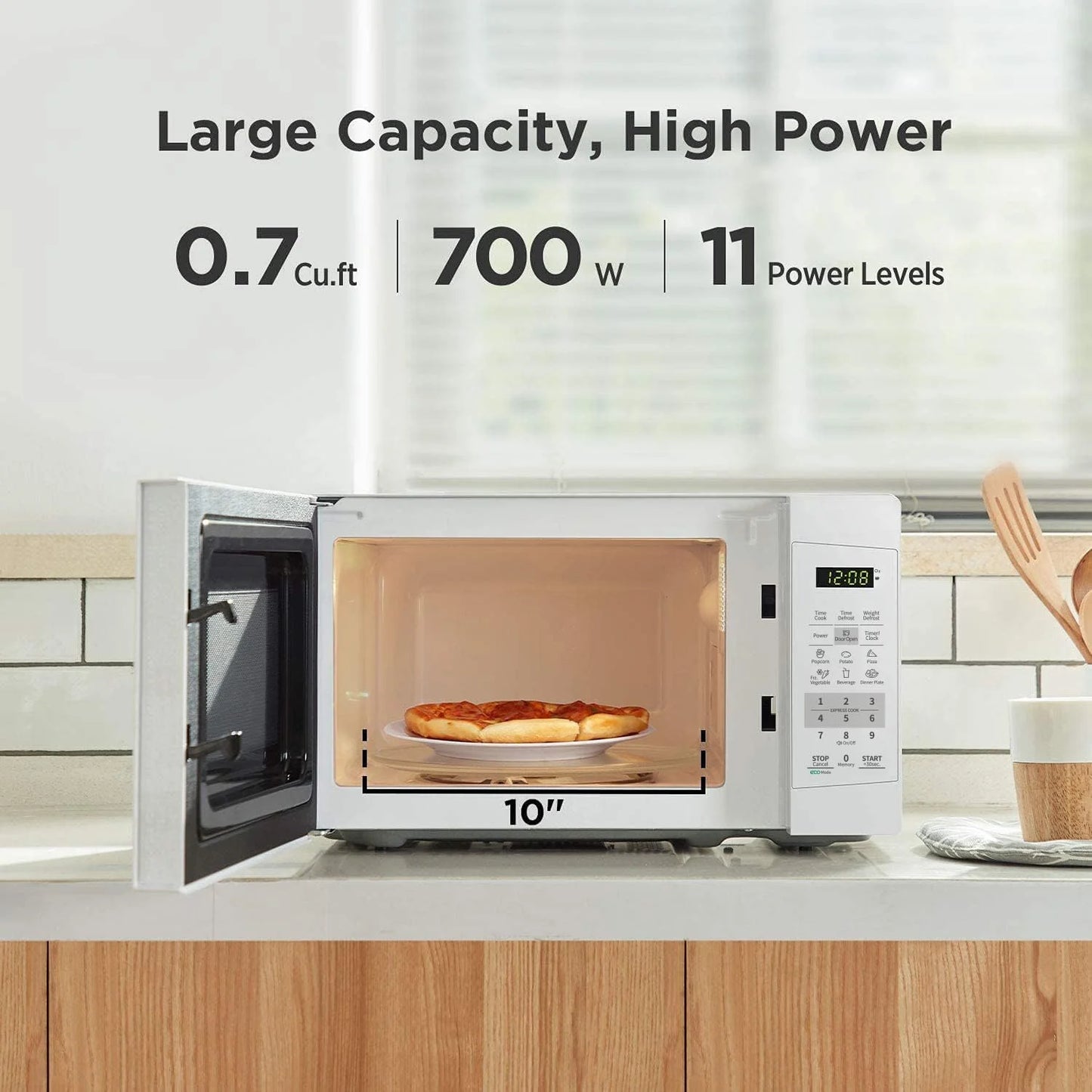 Countertop Microwave with Sound On/Off, Eco Mode, and Convenient One-Touch Button, 0.7 Cubic Foot, White