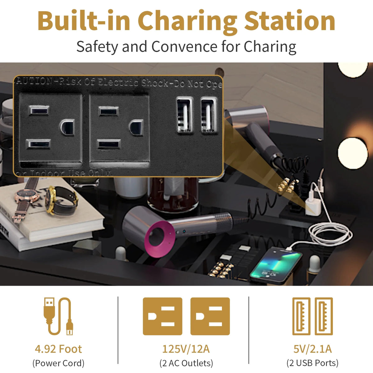 Ktaxon Large Makeup Vanity, Vanity Table Set w/ Visible Glass Top w/ Charging Station, White
