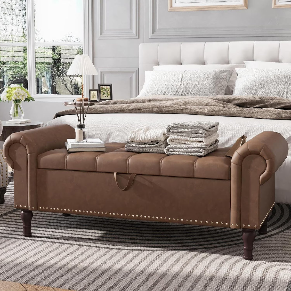 YOUDENOVA Storage Ottoman Bench for Bedroom 51" Queen Leather Storage Bench with Button, Upholstered Bedroom Bench with Rolled Arms for Living Room, Storage Room, Entryway, Gray