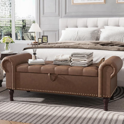 YOUDENOVA Storage Ottoman Bench for Bedroom 51" Queen Leather Storage Bench with Button, Upholstered Bedroom Bench with Rolled Arms for Living Room, Storage Room, Entryway, Gray