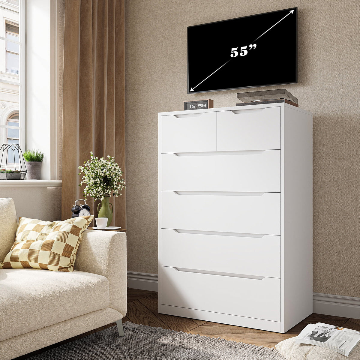 EnHomee White Dresser for Bedroom Wood 6 Drawer Modern Storage Cabinet for Bedroom Living Room Closet, 43.3"Hx 27.5"Lx 15.7"D