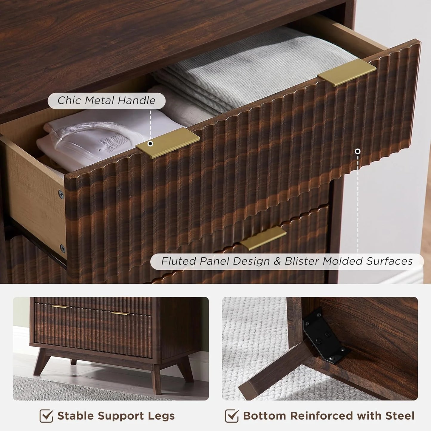 OKD 6 Drawer Dresser for Bedroom with Faux Marble Top, Modern Wood Chest of Drawers, Dresser Organizer, Natural Oak