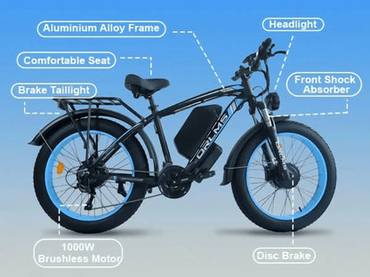 60V 25AH Battery Electric Bike for Adults,5000W Peak Dual Motor Ebike,AWD 21-Speed 50MPH Mountain Snow E-Bike with 26" x 4.0 Fat Tire, Long Range Mountain Dirt Bike for Off-Road Snow Sand