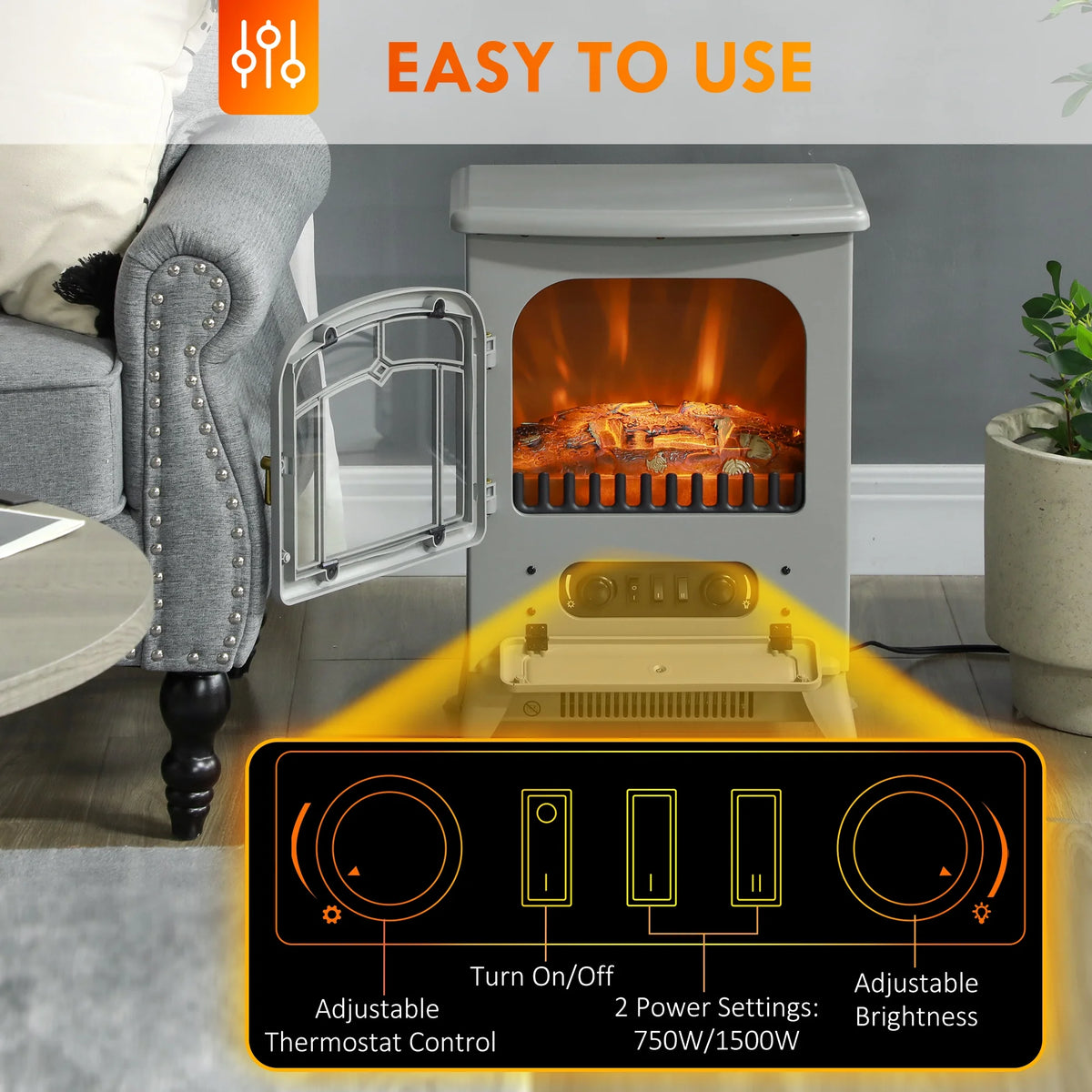 HOMCOM Electric Fireplace Heater with Realistic LED Flames Beige