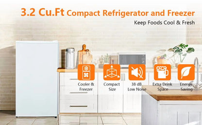 Towallmark 3.2 Cu Ft Mini Fridge, Compact Refrigerator, Portable Freezer with 2 Glass Shelves Silent Operation for Bedroom Office Dorm, White