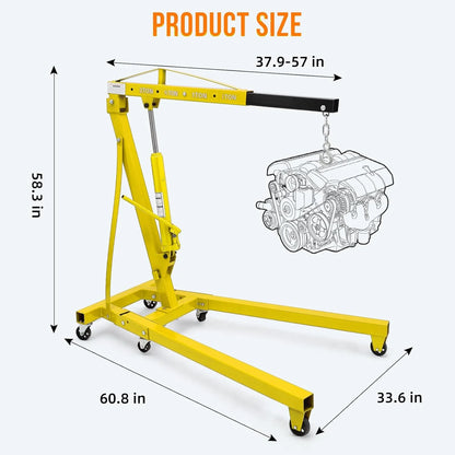 GARVEE 2 Ton Folding Hydraulic Engine Hoist with Lever,Folding Engine Shop Crane Hoist Lift,Heavy Cherry Picker with 6 Wheels for Garage,Workshop,Yellow
