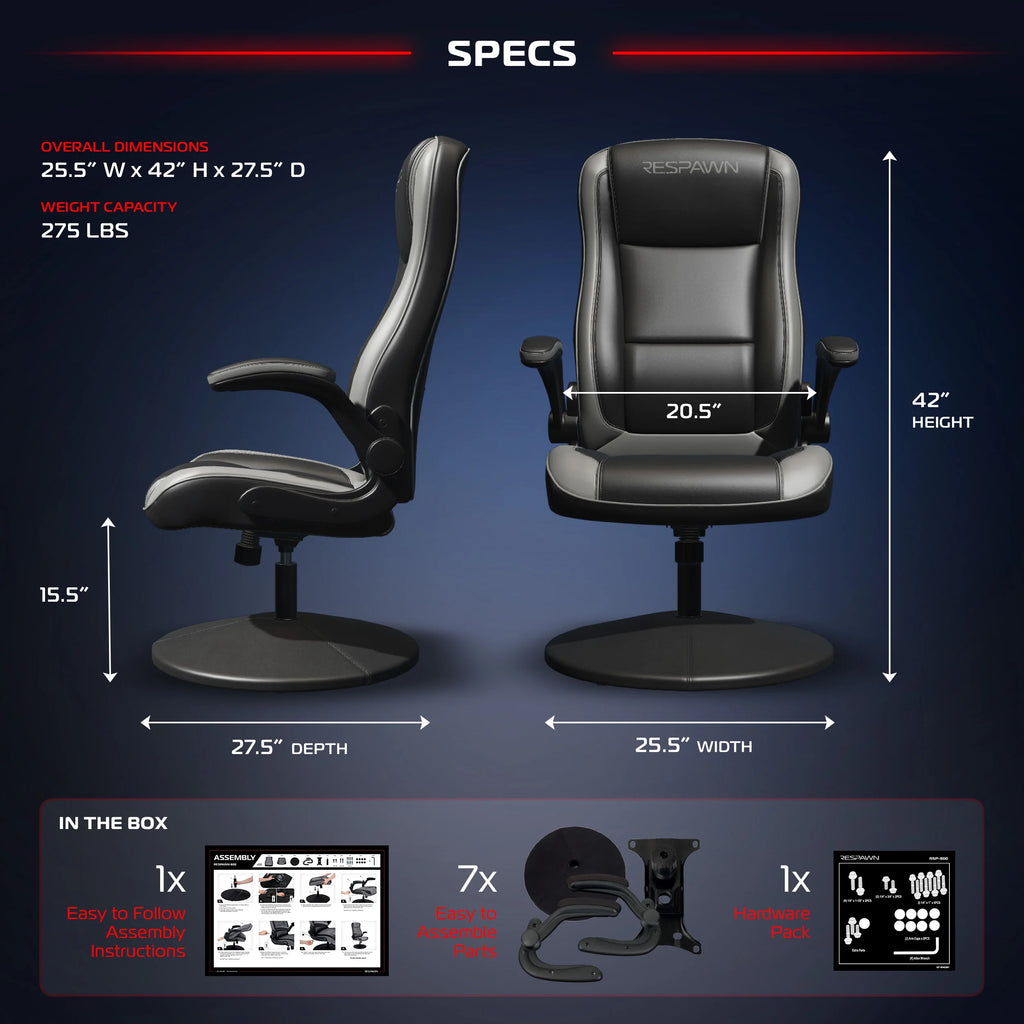 RESPAWN 800 Swivel Rocker Gaming Chair - Ergonomic Floor Gaming Seat with Lumbar Support, Flip Up Armrest, High Back, Pedestal Base, Comfortable No Wheels Console Video Game Rocker Chair - Red