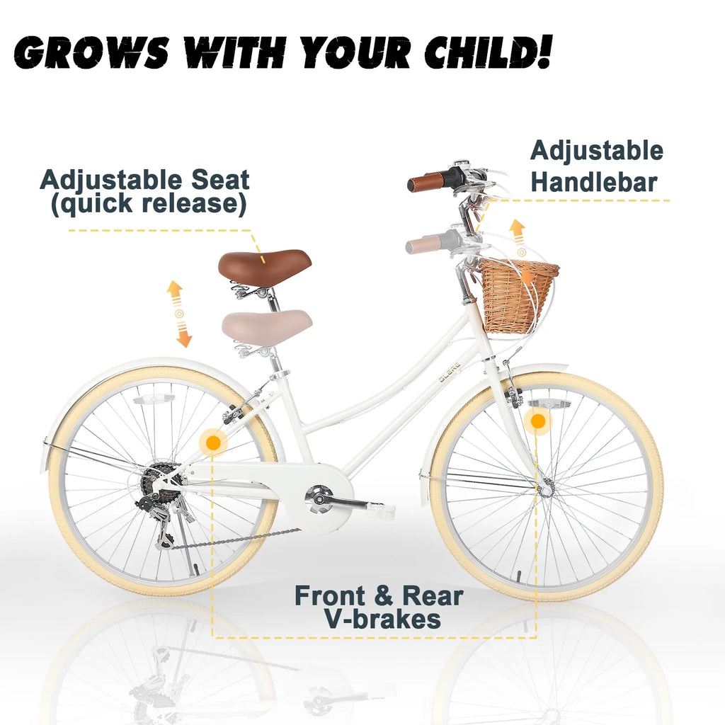 Glerc Missy 24" Girls Cruiser Bike 6-Speed Women's Hybird Bicycle for Ages 7-11 Years, Mint Green