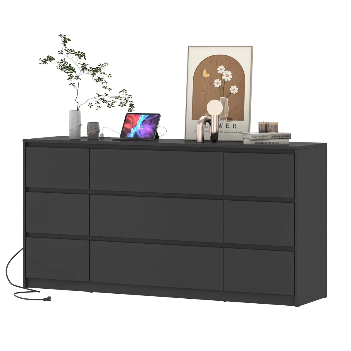 ChVans Black 9 Drawers Dresser with Charging Station, 63" Long Modern Dresser with 9 Drawers for Bedroom, Large Wood Chest of Drawers Handle Free, Dresser for Bedroom, Living Room, Hallway