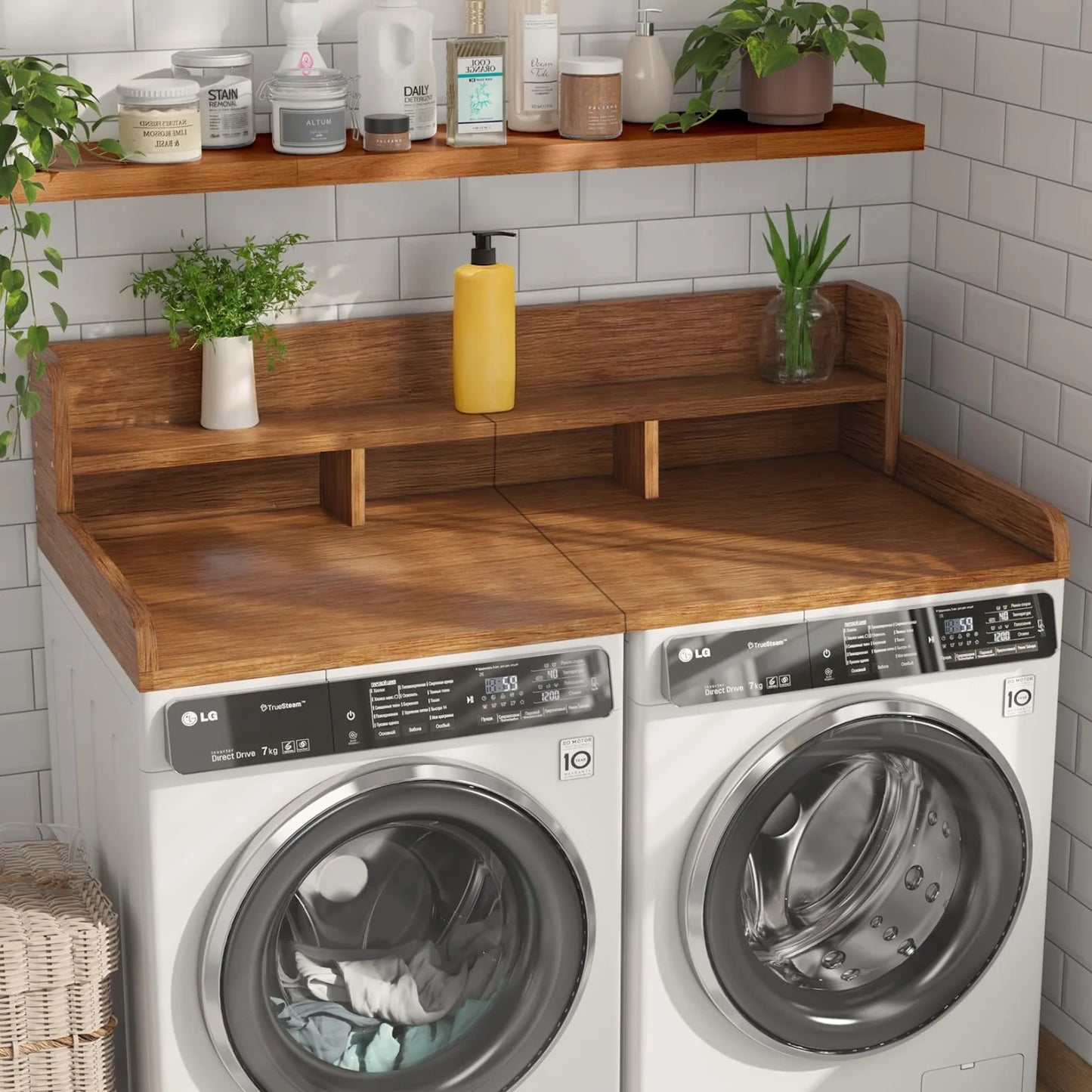 Wood 2-Tier Washer Dryer Countertop with Edge Rails, 54" W x 27.5" D Washer and Dryer Topper for Laundry Room Organization and Storage, Walnut