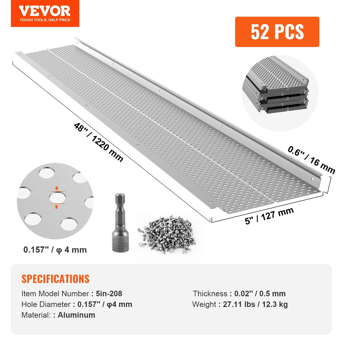 VEVOR Gutter Guard, 5 inch Width, Aluminum Leaf Filter DIY Gutter Cover, 52 PCS 208 ft Total Length, 0.157'' Hole Diameter & 0.02'' Thick Raptor Gutter Guards Fits Any Roof or Gutter Type