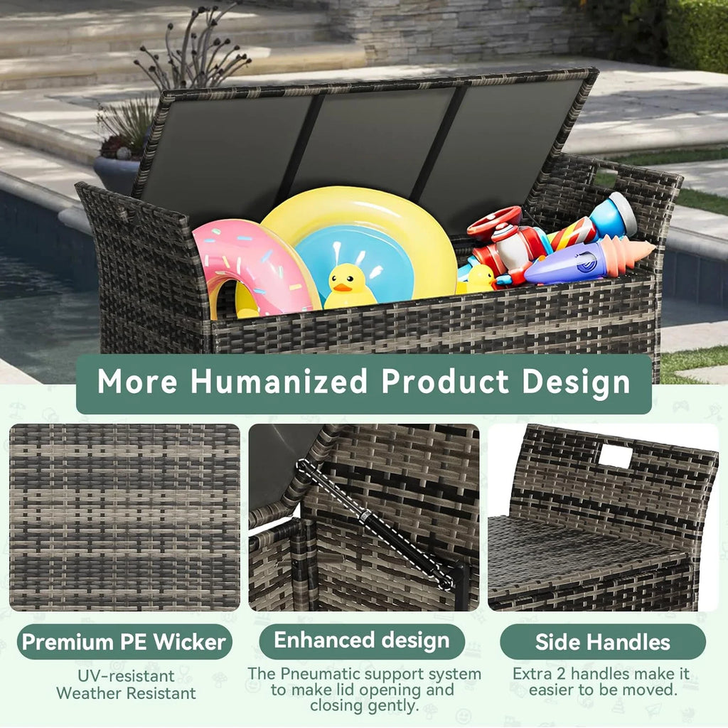 SOLAURA 90 Gallon Patio Wicker Storage Bench w/Cushion, Outdoor Rattan Deck Storage Box w/Handles & Hydraulics, Gray