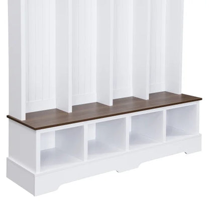 Farmhouse Hall Tree with Bench, 59" Wide Entryway Organizer with 8 Hooks & Storage Compartments, Modern Coat Rack & Shoe Bench for Mudroom,White