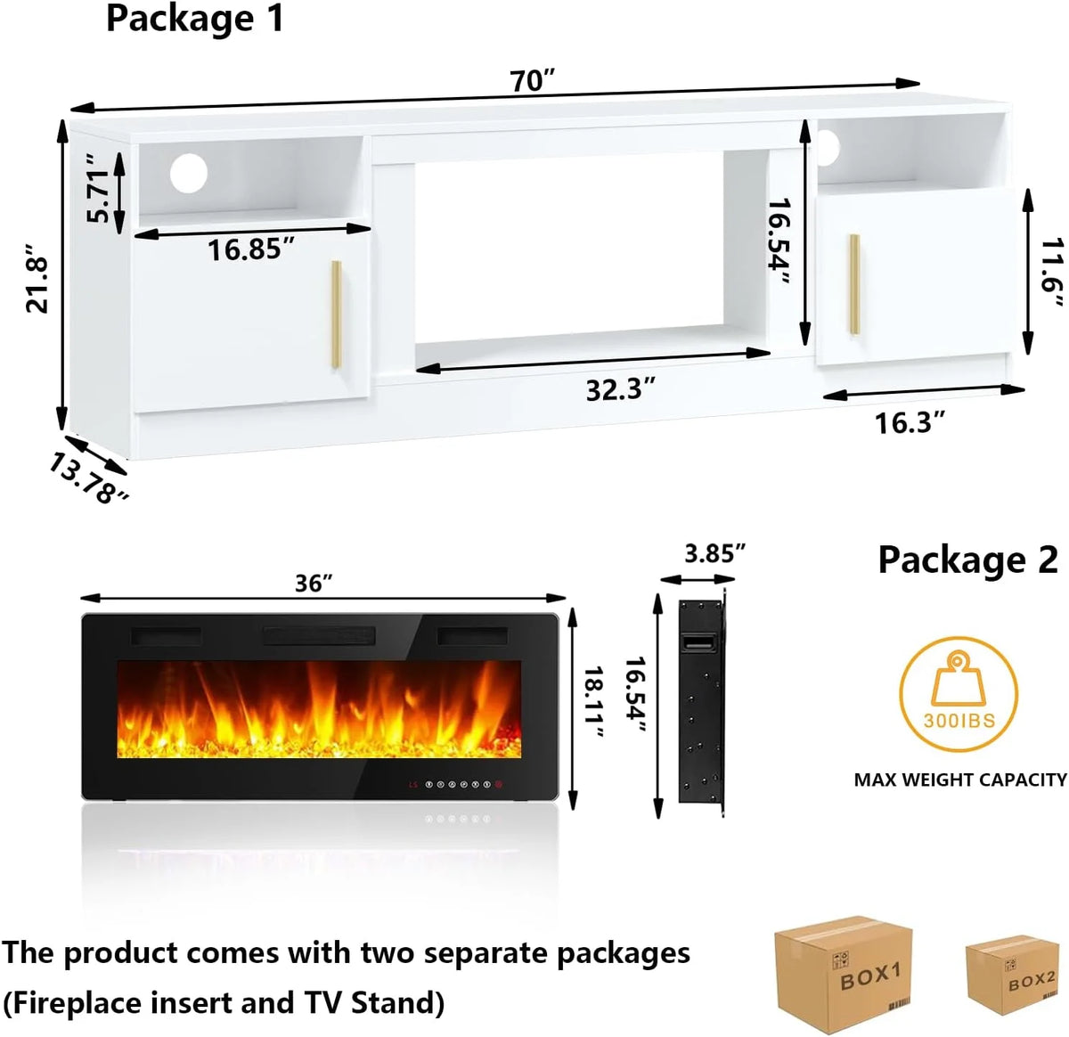 Waleaf Fireplace TV Stand with 36" Electric Fireplace Up to 80" TVs, Modern Wood Media TV Console with Highlight Cabinet, White