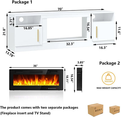 Waleaf Fireplace TV Stand with 36" Electric Fireplace Up to 80" TVs, Modern Wood Media TV Console with Highlight Cabinet, White