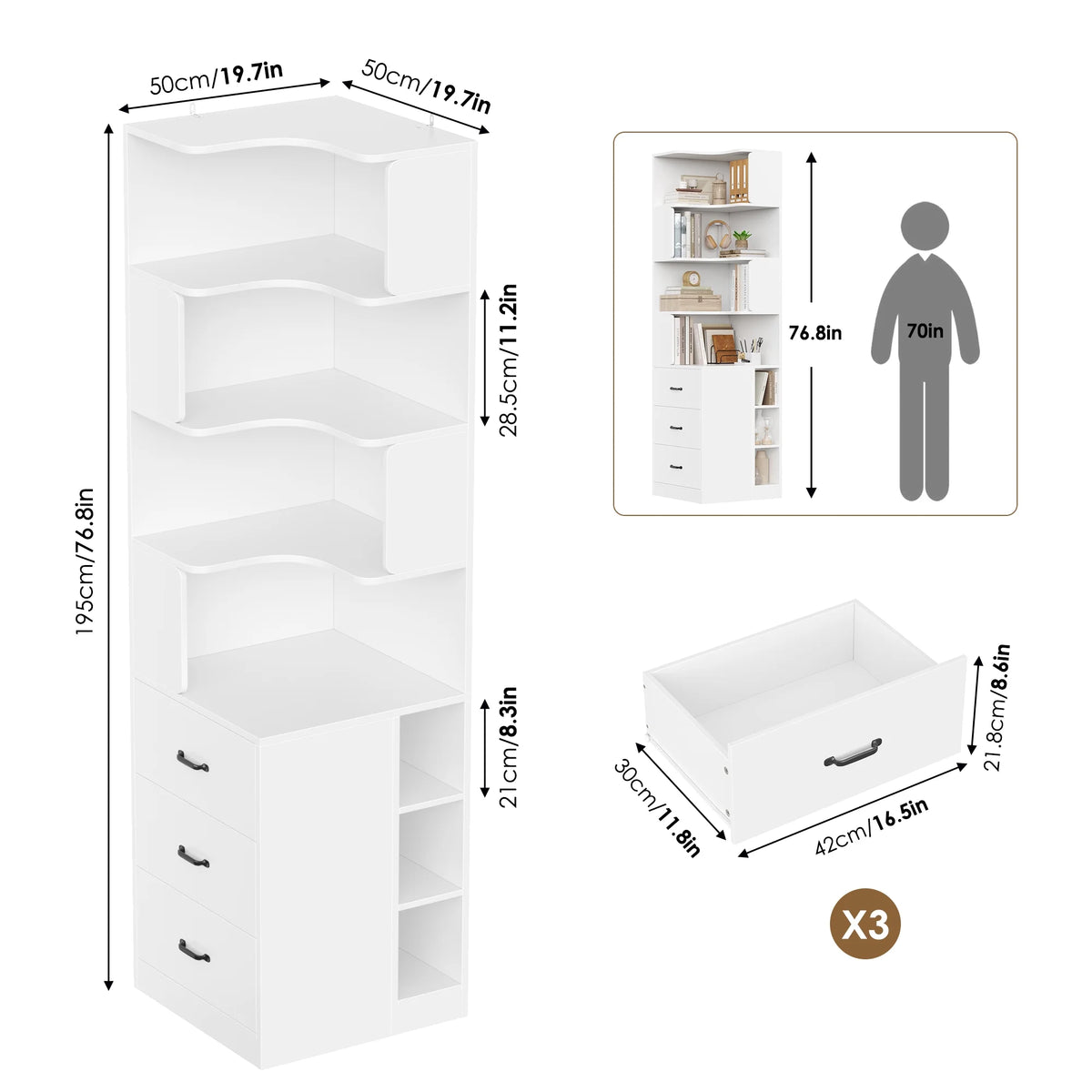 Hiphuta 77"Tall L-Shaped Corner Bookshelf with Drawers and Side Storage, Modern Wood Bookcase with 4-Tier Display Shelves Storage Cabinet for Living Room Home Office , Black