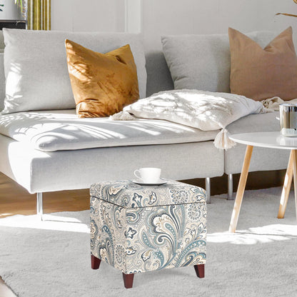 Homebeez Printed Linen Cube Storage Ottoman with Solid Wood Legs, Cube Footstool, Storage Cabinet, 18" H Weight Capacity 300LB Blue