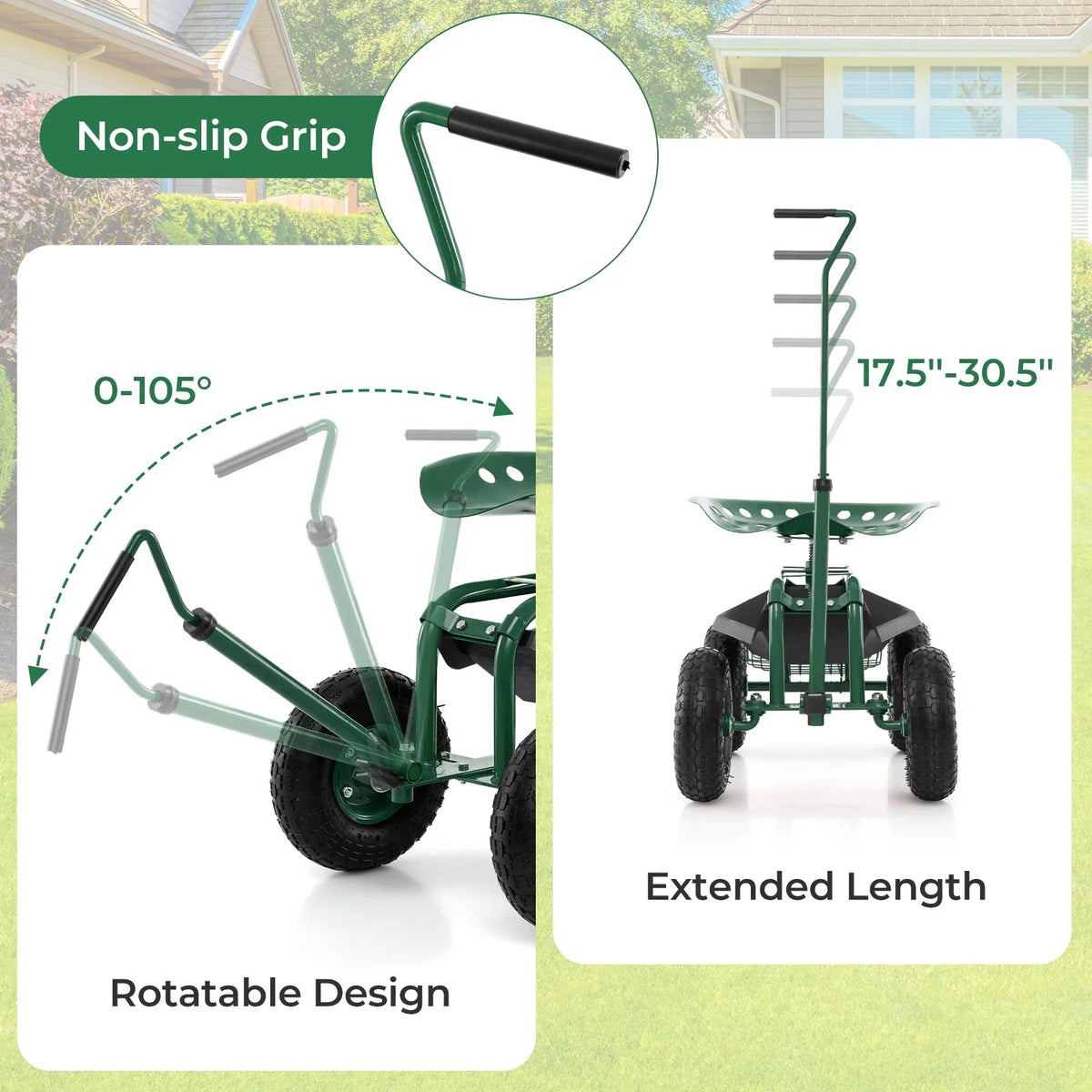 Costway Garden Cart Rolling Work Seat for Planting with Extendable Handle Green