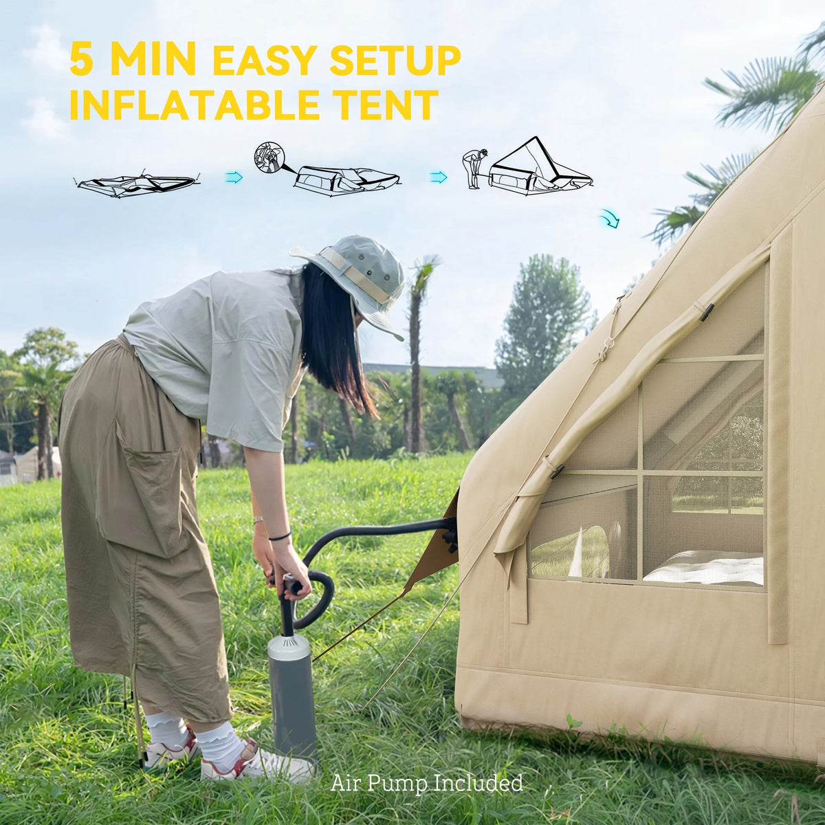 Outsunny Inflatable Camping Tent with Hand Pump, Easy Setup, 4 Season Blow Up Tent, with Mesh Windows and Doors