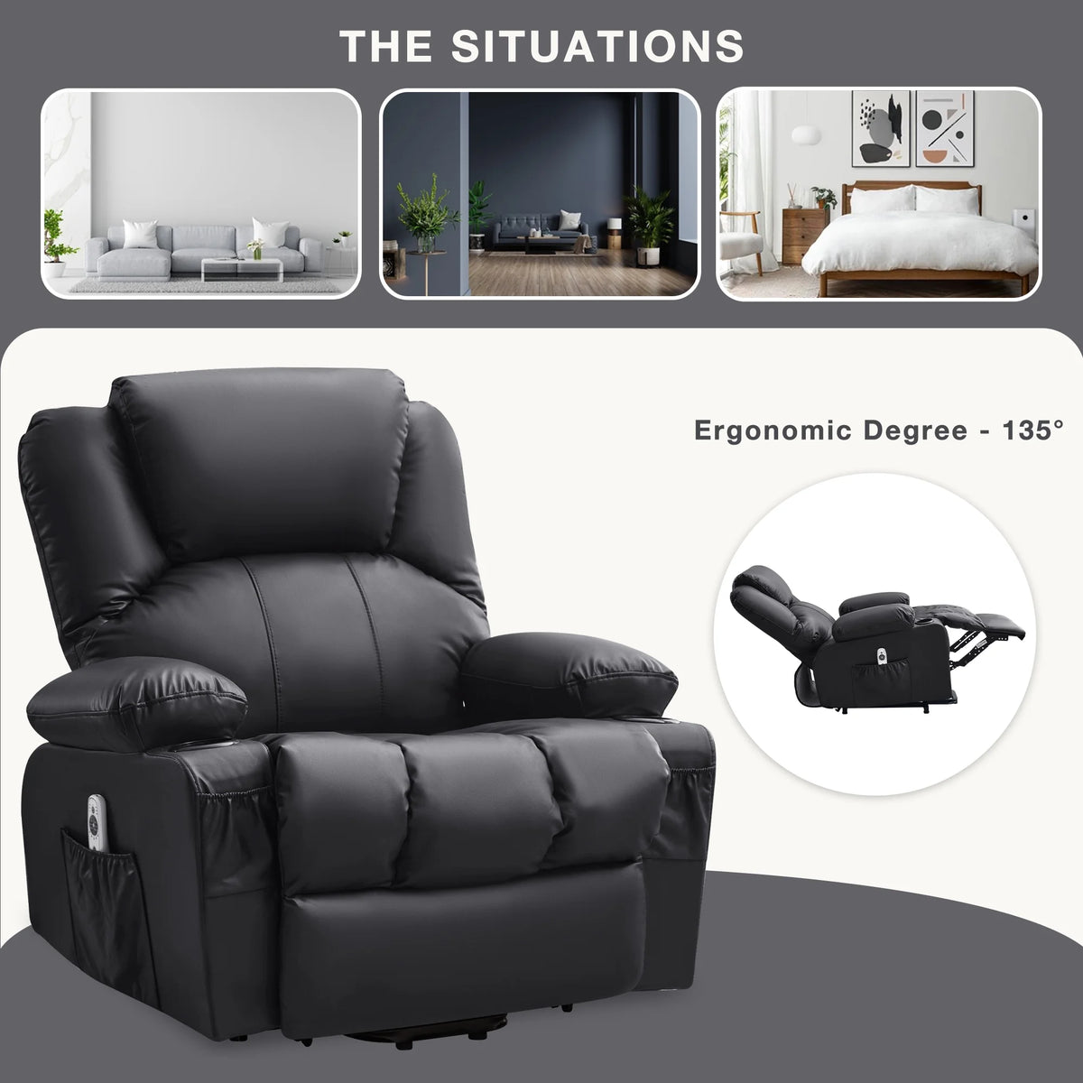 JONPONY Power Lift Recliner Chair Recliners for Elderly with Heat and Massage Recliner Chair for Living Room with Infinite Position and Side Pocket,USB Charge Port,Black