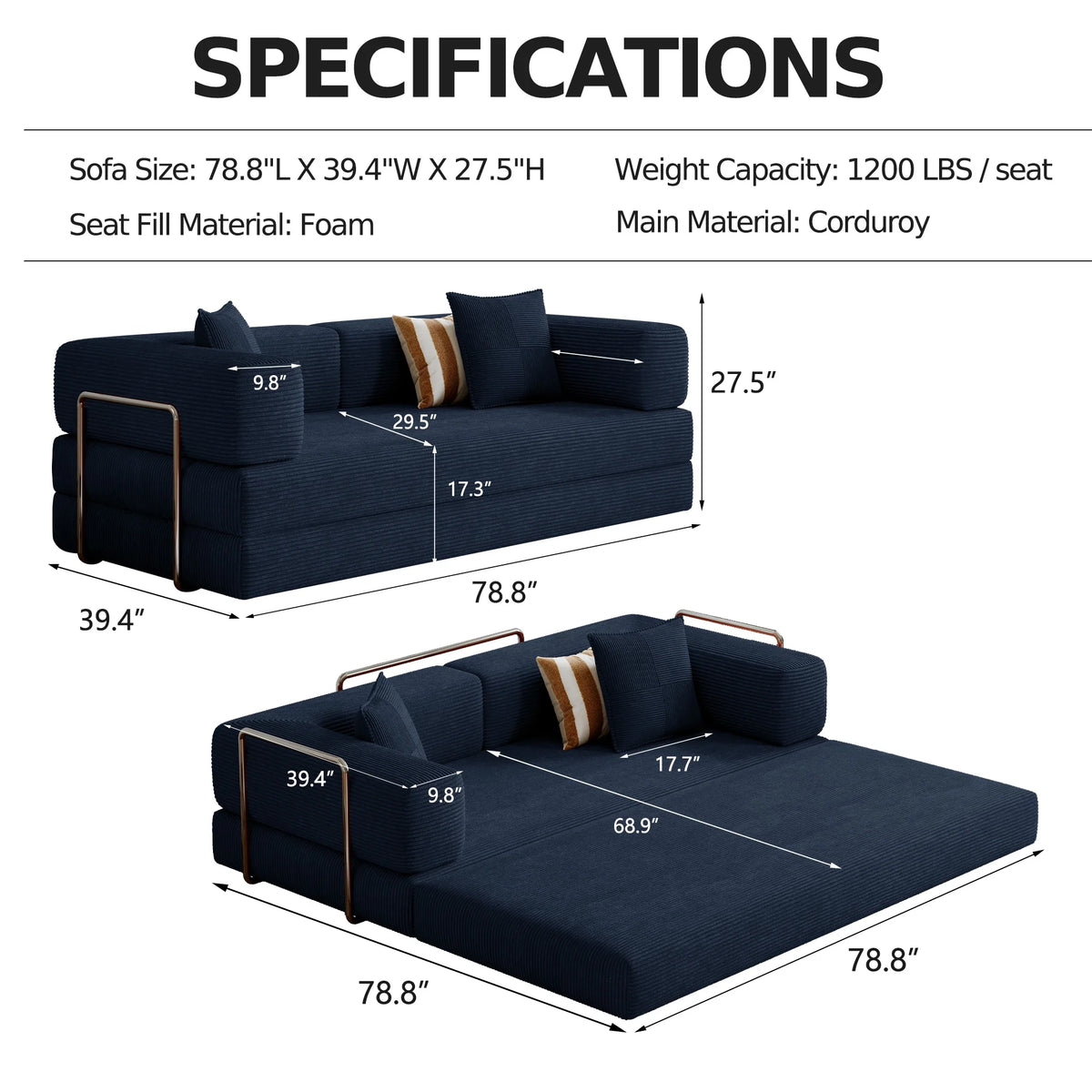 Convertible Sleeper Sofa Bed,Compressed Floor Boneless Couch,Modular Modern Corduroy Sofa for Living Room Bedroom -with Fixed-Shape Frame and Support Armrest,Easy Assembly(Green)