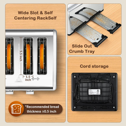 Mecity 4-Slice Touchscreen Toaster, Stainless Steel, 6 Browning Settings, Reheat, Cancel, Defrost, Removable Tray