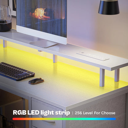 55.1" LED Gaming Desk with Drawers, Computer Desk with Outlets, Office Desk with 4 Drawers, Corner Desk, Writing Desk in White
