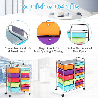 Costway 15 Drawer Rolling Storage Cart Tools Scrapbook Paper Office School Organizer White