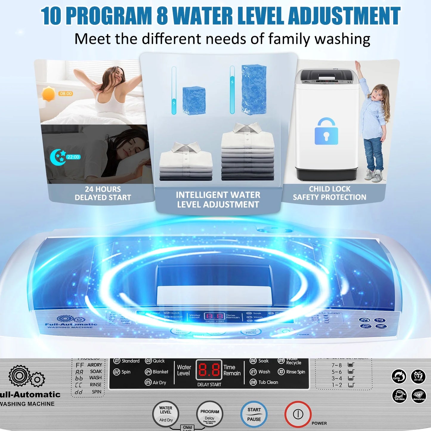 Qhomic Portable Washing Machine, 18.7lbs Full Automatic Compact 10 Programs & 8 Water Levels Washer Machine with Child Lock and LED Display, Low Noise Laundry Wash for Apartments, RVs, Dorms
