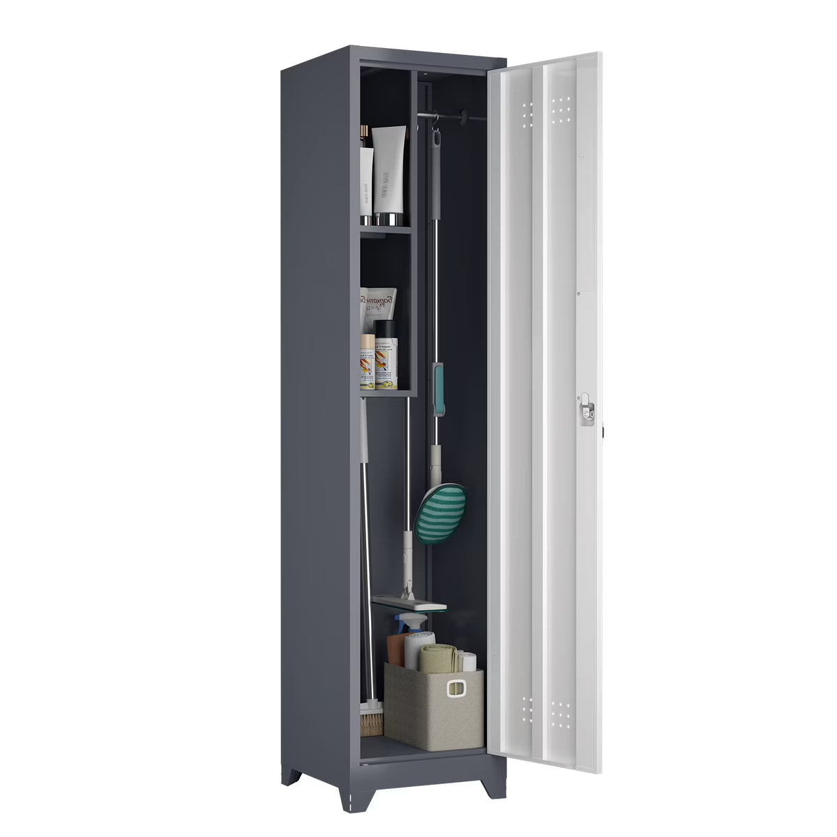 Marcree Slim Broom Storage Cabinet, Metal Cabinet with Shelves and Hanging Rod, 65" Utility Storage Cabinet with Locking Door, Tall Cleaning Storage Cabinet for Kitchen, Pantry, Office, Shop, Garage
