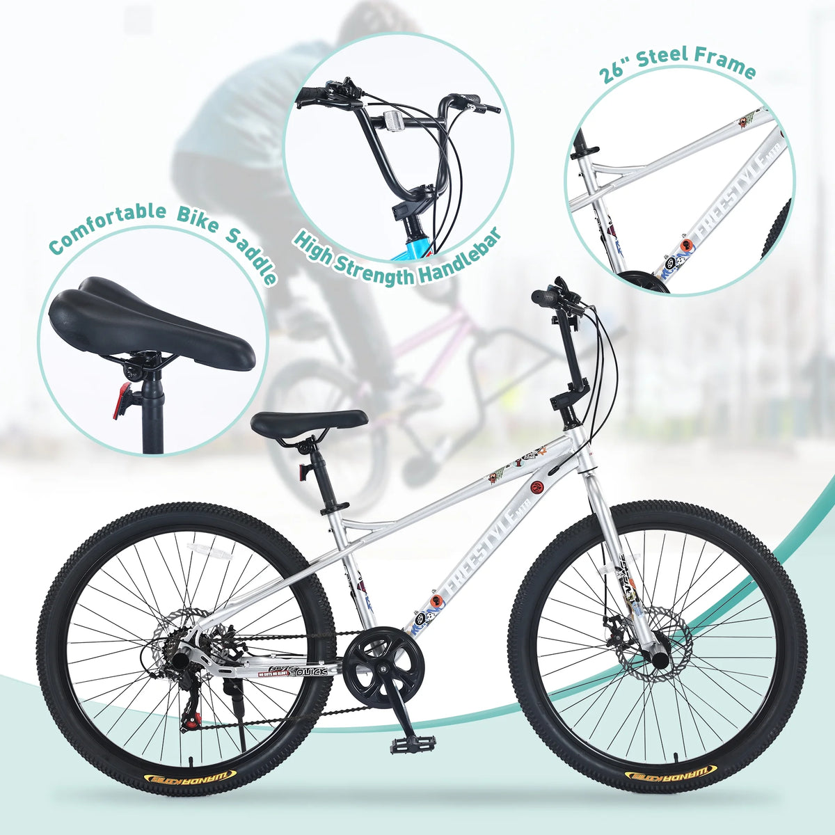 Aukfa 26" Freestyle BMX Bikes,Kids Mountain Bike for Boys Girls,Shimano 7 Speed,Double Disc Brakes,Blue