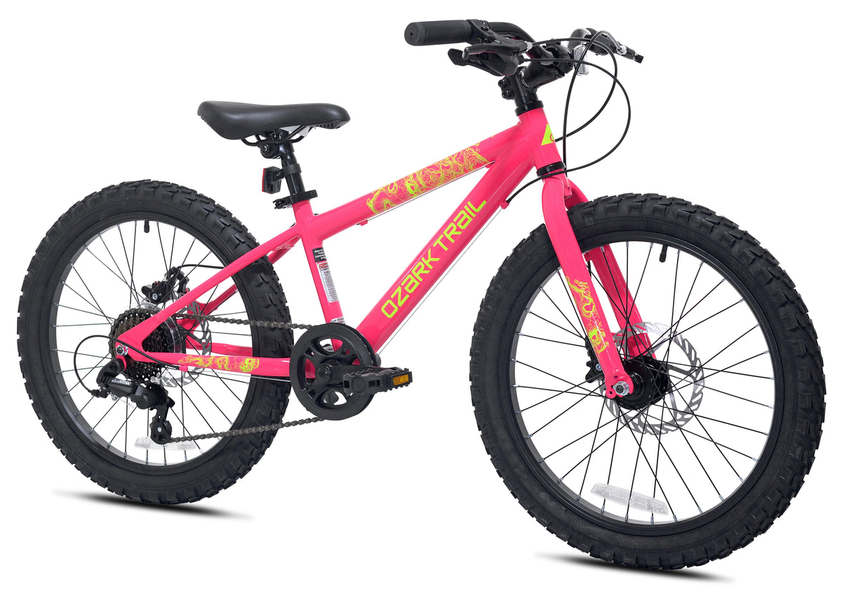 20" Ozark Trail Vibe Mountain Bike, 7 Speed, Fits Rider 3'11"-4'4", Pink, Child/Tween/Teen, Unisex