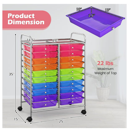 20 Drawers Storage Cart w/Rolling Wheels, Semi-Transparent Mobile Rolling Drawer Cart for School Classroom Office Home Salon, Files Scrapbook Craft Organizer, Utility Cart on Wheels (Clear)