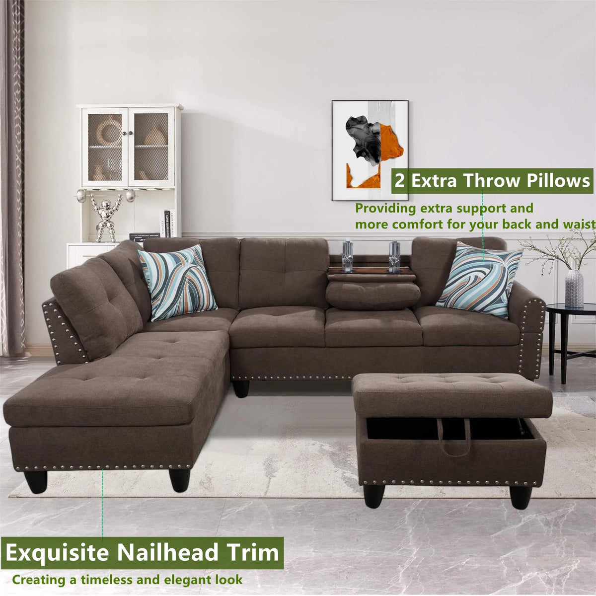 Aukfa 3 Piece Sectional Sofa, Living Room Couch with Storage Ottoman&Cup Holder, Linen, Right Hand, Purple