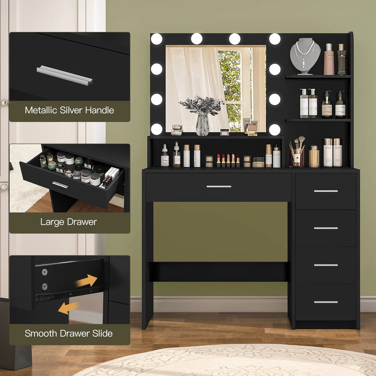 Makeup Vanity Desk with Mirror & Lights, Vanity Table with 5 Drawers & Storage Shelves, Makeup Vanity , 3 Color Modes & Adjustable Brightness Dressing Table, Bedroom, White