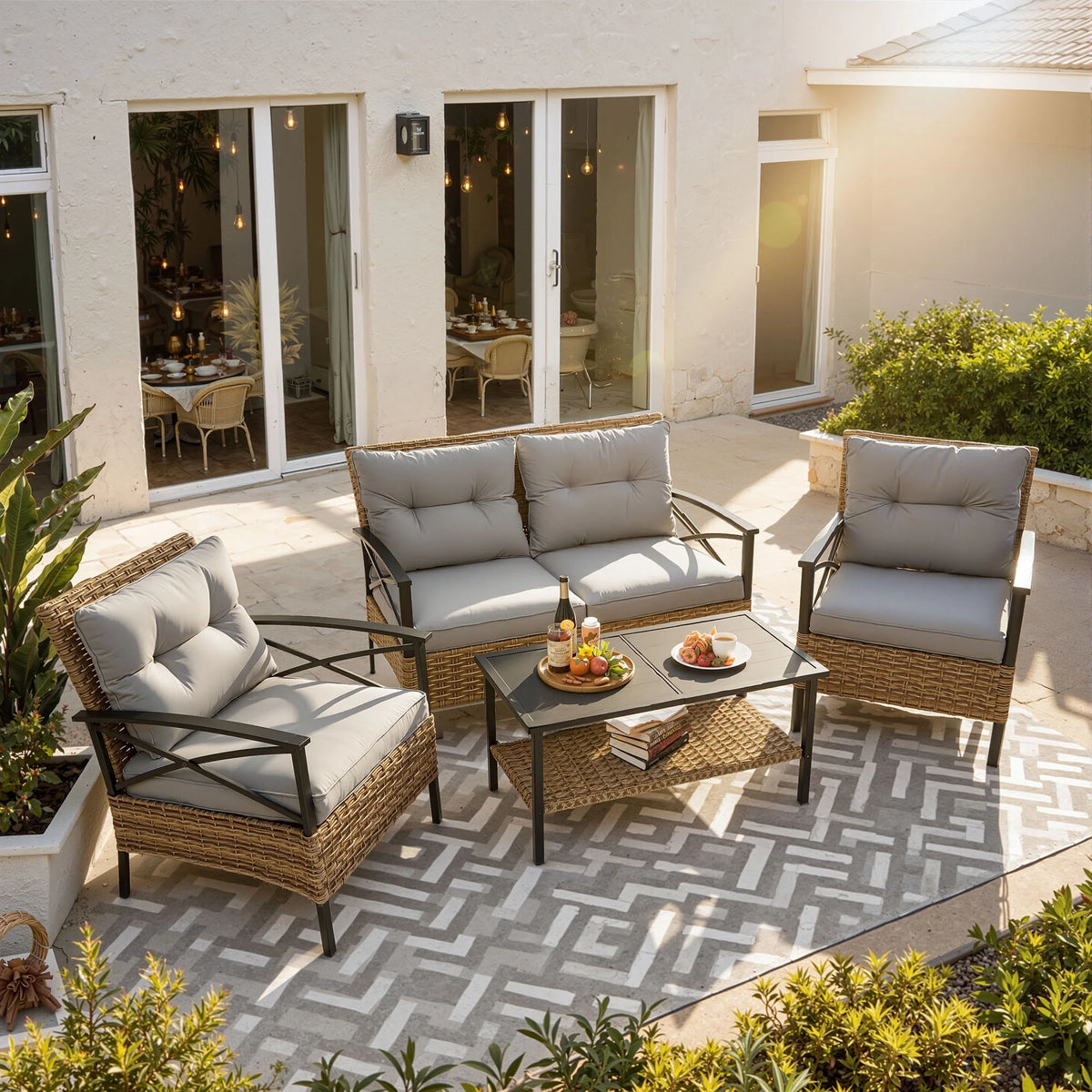 Heavy-duty Patio Furniture Set, 4 Piece Outdoor Sectional Conversation Sets, BrownPE Rattan Patio Sofa Set with Blue Cushions